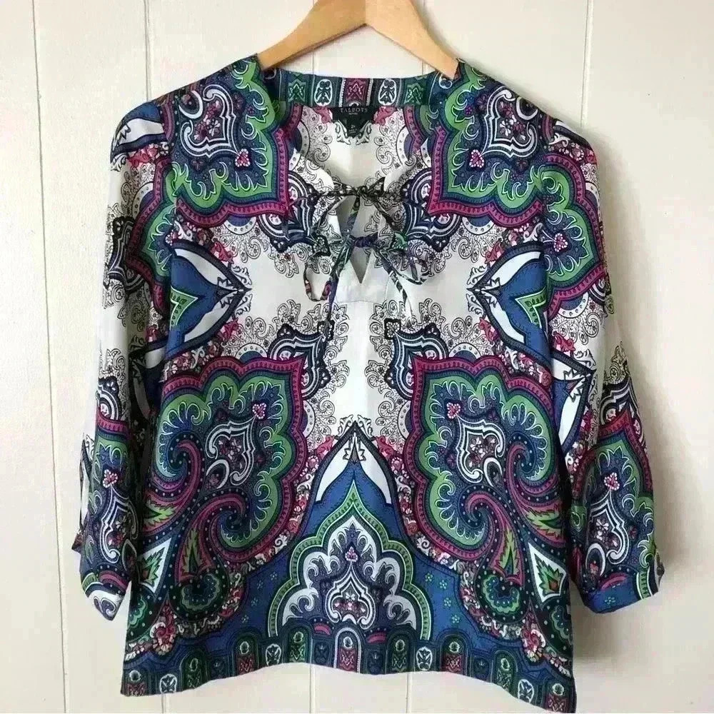 Talbots 3/4 Sleeve Printed Silk Blouse Size 2P